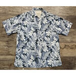 Tommy Bahama Men’s Medium Original Fit Camp Shirt Silk Blue Leaf Floral Hawaiian